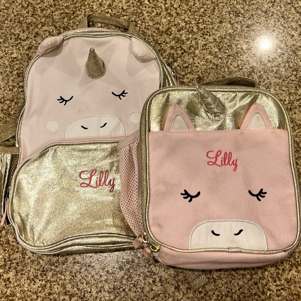 Pottery Barn Kids Emily & Merit Unicorn Backpack AND Lunchbox "Lilly"
